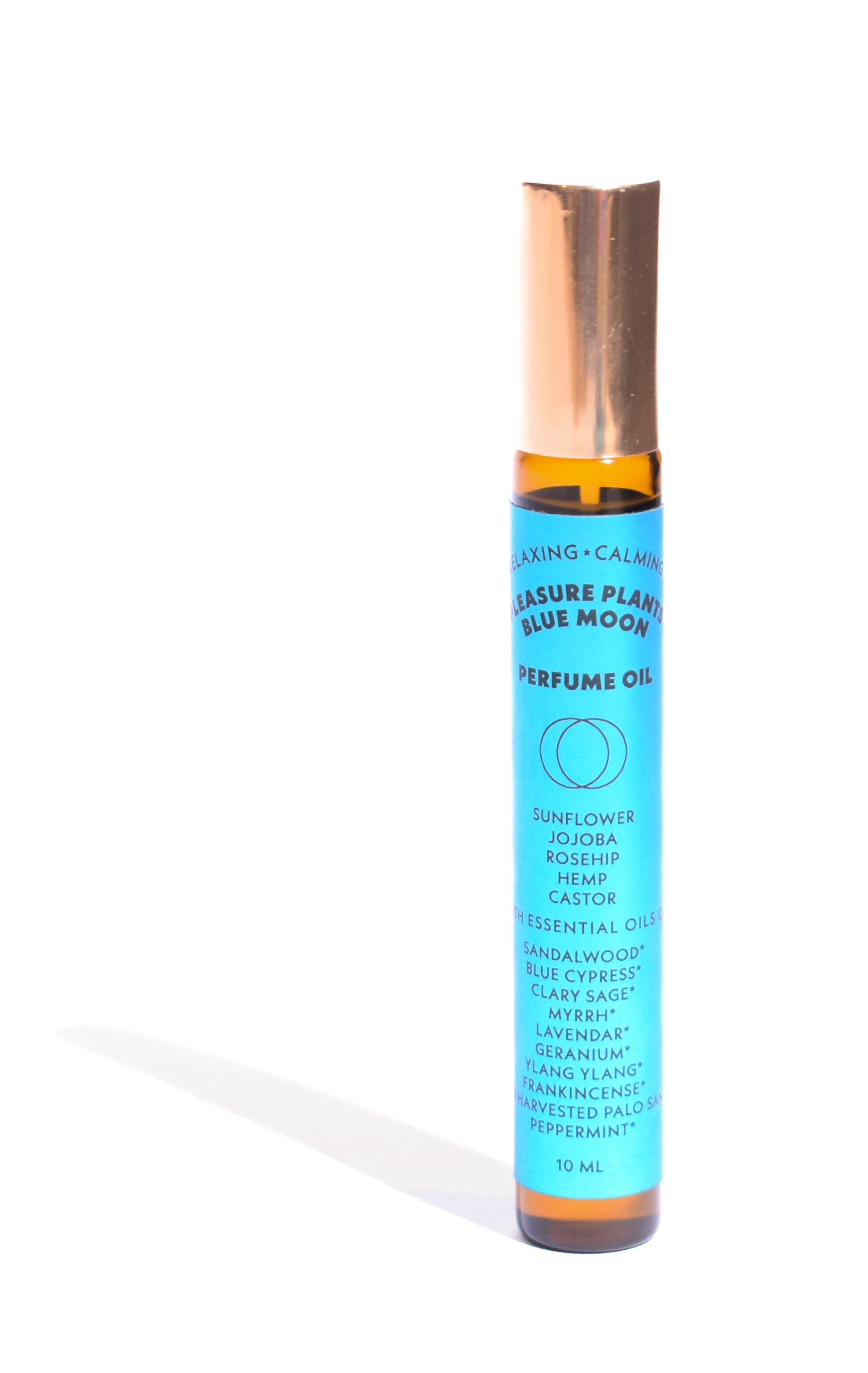Blue Moon - Pleasure Plants Perfume oil bottle with blue label on a white background